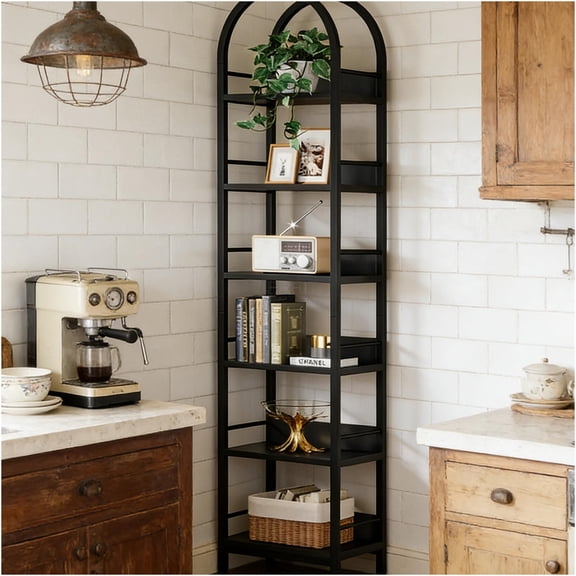 JERFIT 6-Tier Corner Bookshelf with Arched Top, Narrow Standing Storage Shelf for Living Room, Bedroom, Office - Black