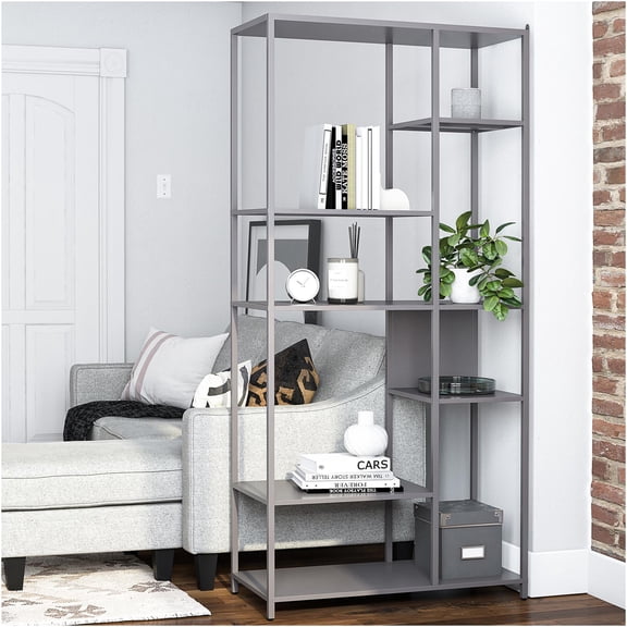 JERFIT 6-Tier Industrial Bookcase Room Divider Shelf, Freestanding Storage Rack with 6 Adjustable Shelves, Gray Metal Organizer for Living Room, Office