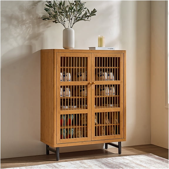 JERFIT 6-Tier Shoe Cabinet with Shutter Doors, Adjustable Shelves Organizer for Entryway, Hallway, Living Room, Closet Storage, Natural Walnut Finish