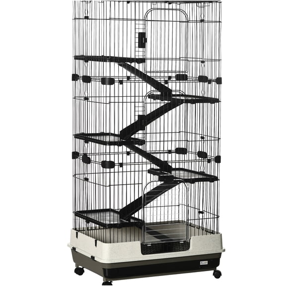 JERFIT 6-Tier Small Animal Cage with Wheels, Black Steel Ferret Hutch for Chinchilla Bunny Rabbit with Ramps, Platforms & Removable Tray