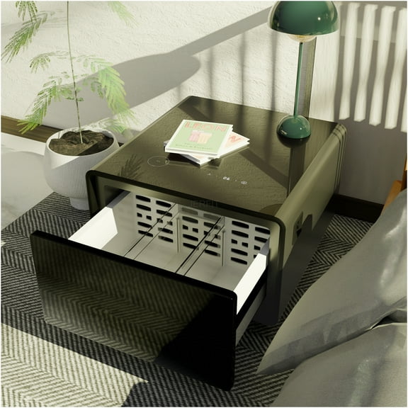 JERFIT 6-in-1 Smart Side Table with Mini Fridge, Wireless Charger, 3 Outlets, USB Ports, LED Lights for Bedroom & Living Room, Black