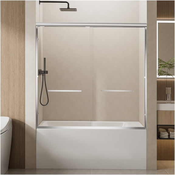 JERFIT 60" Double Sliding Shower Door with Soft Close, Chrome Aluminum Frame, 1/4" Nano Coated Tempered Glass for Bathtub Enclosure