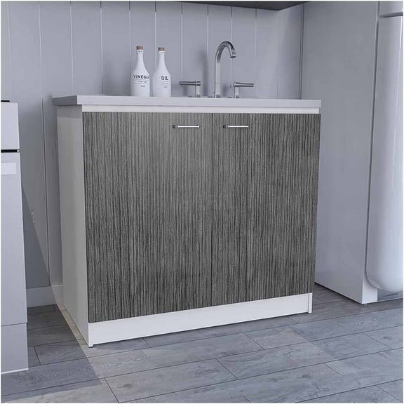 JERFIT 60" Farmhouse Utility Sink Base Cabinet with Double Doors and Shelf, Freestanding Kitchen Storage for Modern & Traditional Homes