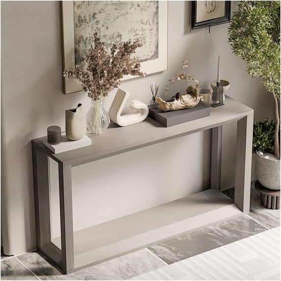 JERFIT 60 Inch Console Table with Storage, Industrial Sofa Table for Living Room, Entryway Hallway Behind Couch Table, Solid Wood Veneer & MDF, Distressed Grey Finish