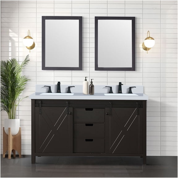 JERFIT 60 Inch Double Sink Bathroom Vanity Set with Quartz Countertop & Matte Black Faucet, Soft Close Doors, Brown Wood Base for Master or Guest Bath