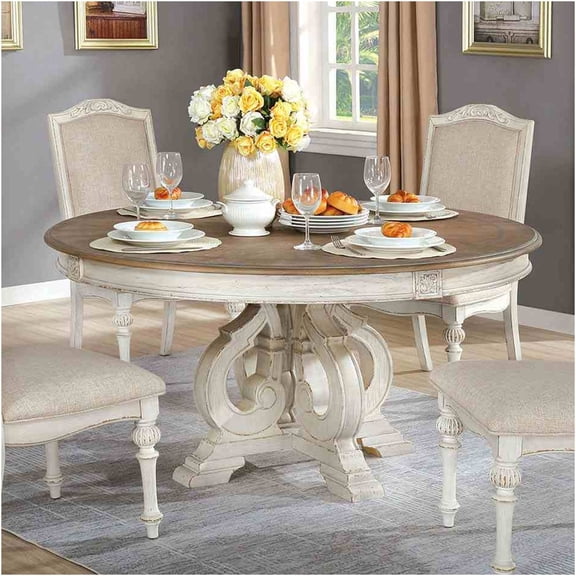 JERFIT 60 Inch Round Dining Table for 6, Antique White Pedestal Base Solid Wood Table, Rustic Farmhouse Kitchen & Dining Room Furniture