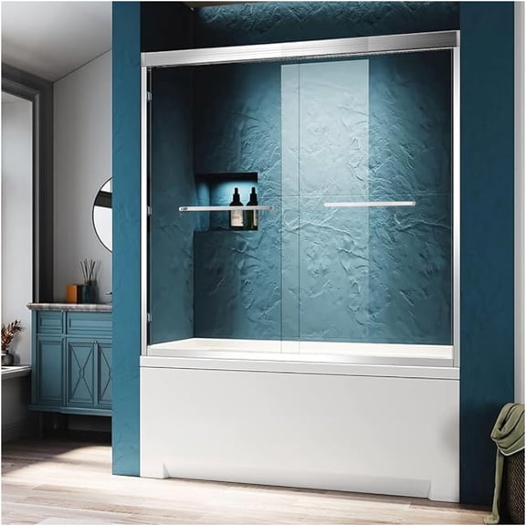 JERFIT 60-Inch Sliding Tub Shower Door with Clear Tempered Glass, Chrome Aluminum Frame for Bathroom, Space Saving & Easy Installation