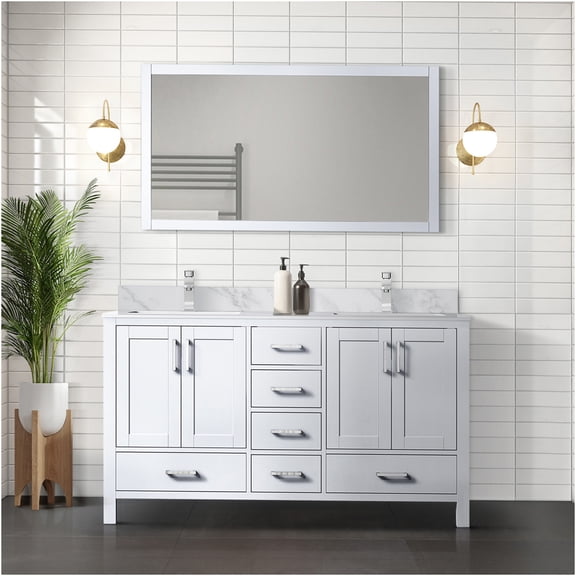 JERFIT 60 Inch White Double Sink Bathroom Vanity Set with Carrara Marble Top, Chrome Faucet and Wall Mirror, Modern Farmhouse Style