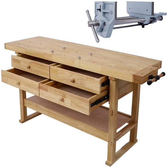 JERFIT 60 Inch Wood Workbench with Vise, 4 Drawers Garage Work Table, Heavy Duty Rubber Wood Top for Workshop, Home & DIY Projects