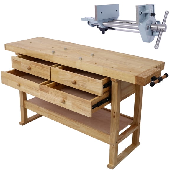 JERFIT 60 Inch Wooden Workbench with 4 Drawers & 7" Cast Iron Vise, Heavy-Duty Garage Work Table for Woodworking & DIY Projects, Natural Rubber Wood