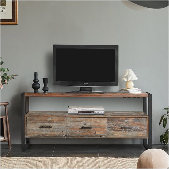 JERFIT 60" Industrial Reclaimed Wood TV Stand with 3 Drawers, Open Storage Shelves, Antique Gray Finish for Living Room