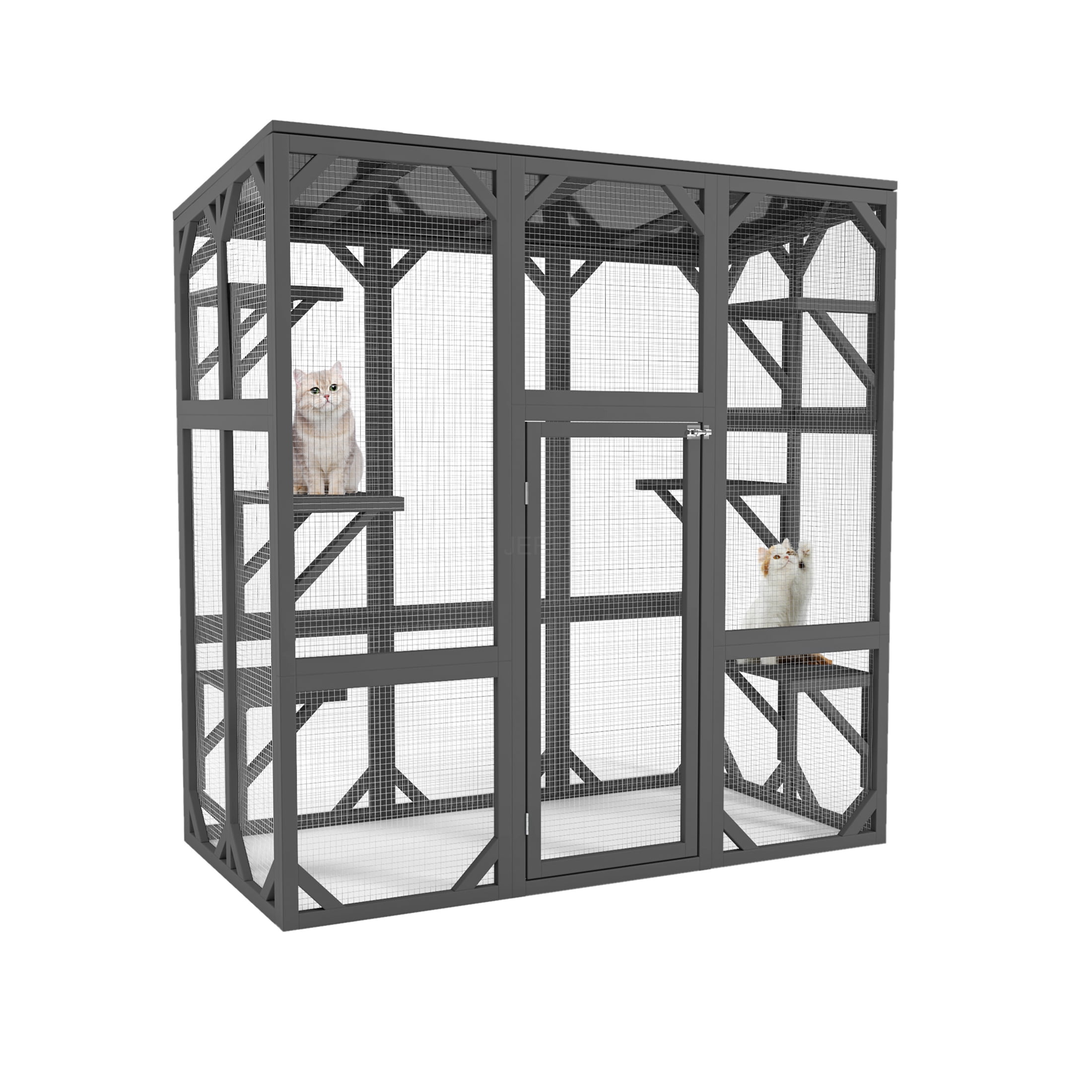 JERFIT 60" Large Outdoor Catio Enclosure with Waterproof Roof, 6 Multi-Level Platforms, Durable Wood & Wire Mesh Cage, Grey Cat House for Multiple Cats