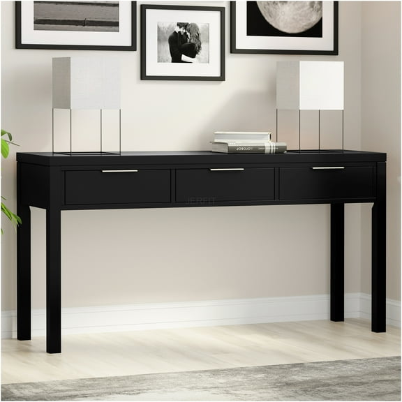 JERFIT 60" Modern Sofa Table with 3 Drawers, Solid Pine Wood Console Table for Entryway, Hallway, Home Office, Black Finish