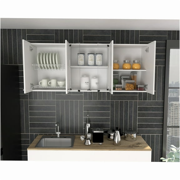 JERFIT 60" Modern White Wall Mounted Kitchen Cabinet with Glass Doors & Storage Shelves