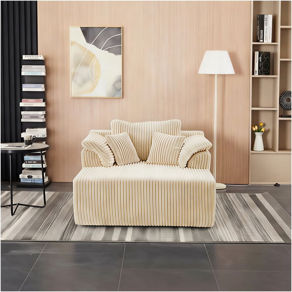 JERFIT 60" Oversized Chaise Lounge Chair, Cloud Sofa Bed with Deep Seat, Corduroy Upholstered Sleeper Couch for Living Room, No Assembly Required, Beige