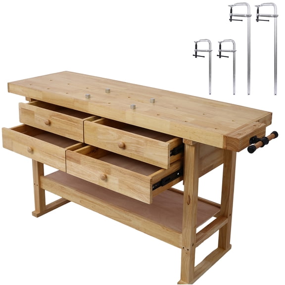 JERFIT 60" Rubber Wood Workbench with 4 Drawers & Heavy-Duty F-Clamp Set, Garage Workshop Table for Woodworking & DIY Projects
