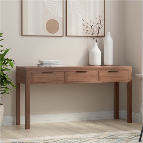 JERFIT 60" Wide Brown Console Table with Drawers for Entryway, Solid Pine Wood Sofa Table for Living Room