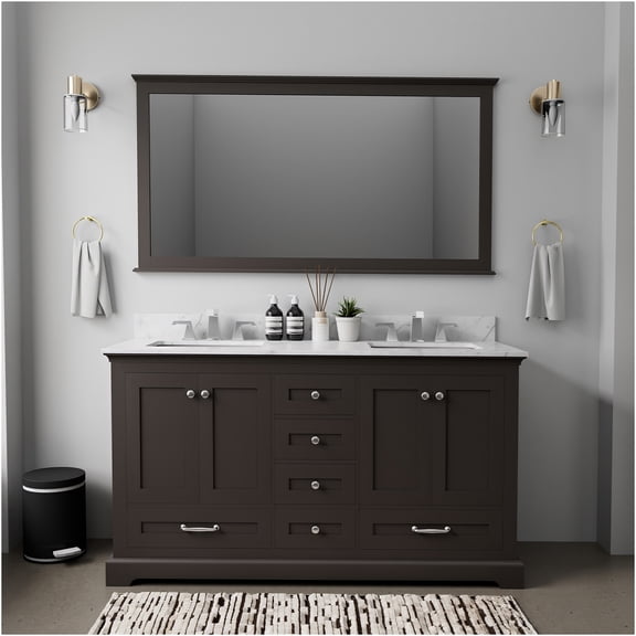 JERFIT 60 inch Espresso Double Sink Bathroom Vanity Set with Carrara Marble Top and Mirror, Soft Close Drawers