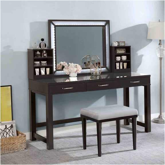 JERFIT 60-inch Glam Vanity Set with Stool, Gray Makeup Dressing Table with Storage Drawers, Large Center Mirror & Glass Top