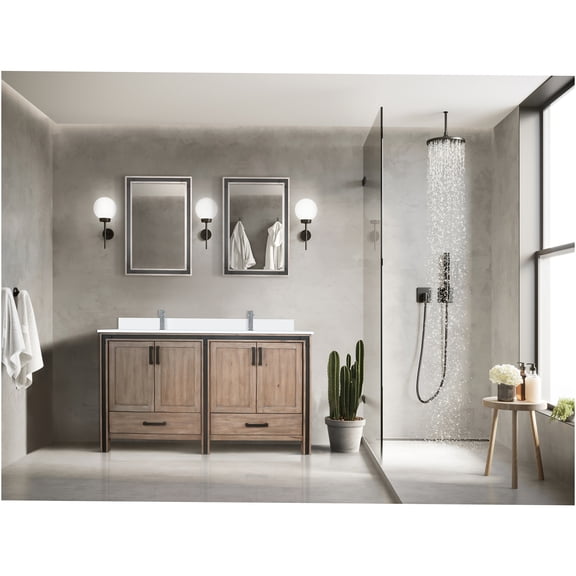 JERFIT 60 inch Rustic Barnwood Double Sink Bathroom Vanity Set with Marble Top and Mirrors, Soft Close Doors and Drawers