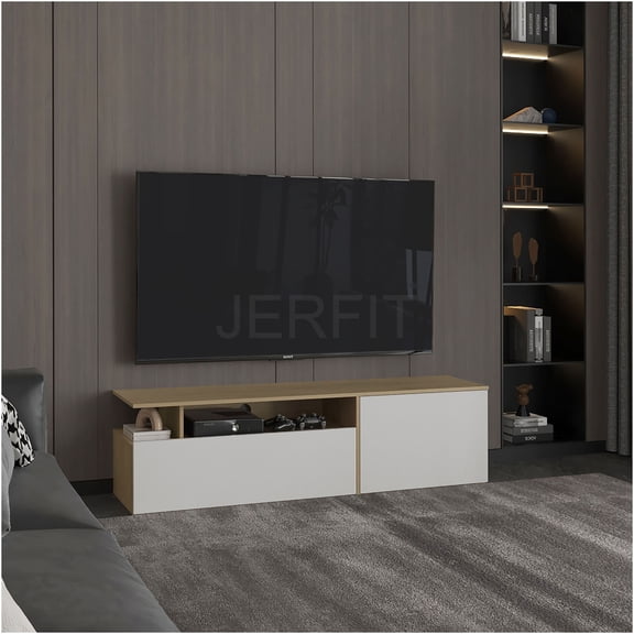 JERFIT 60 inch TV Stand with Doors and Shelves, Media Console for TVs Up to 60 Inches, Engineered Wood Entertainment Center, Modern TV Cabinet with Storage for Living Room, Natural Wood Finish