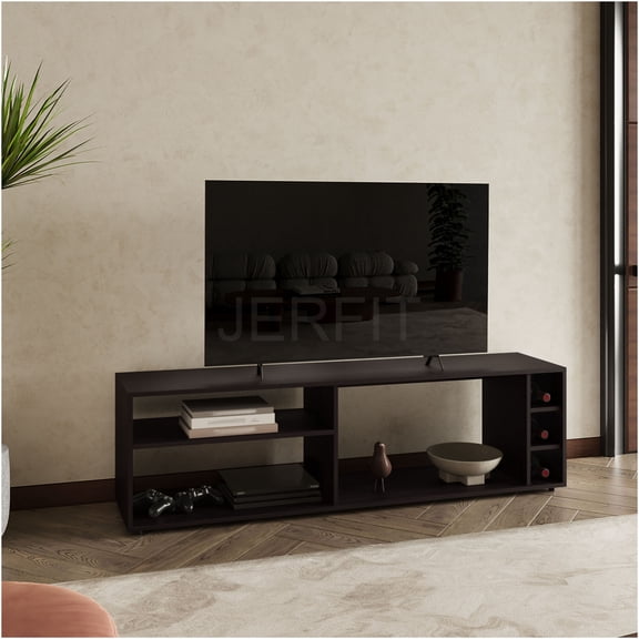 JERFIT 60 inch TV Stand with 6 Shelves, Heavy Duty Engineered Wood Entertainment Center Console Table, Modern Black TV Cabinet for Living Room
