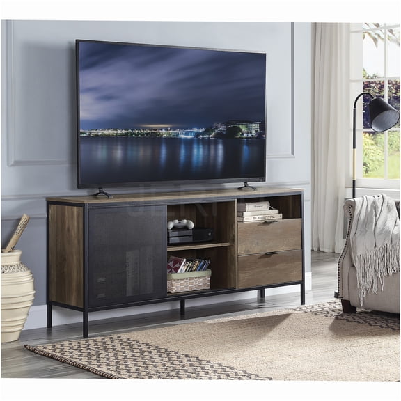 JERFIT 60 inch TV Stand with Drawers, Rustic Oak Wood Top & Black Metal Frame, Media Entertainment Center Console Table for Living Room