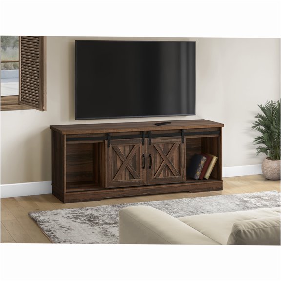 JERFIT 60 inch TV Stand with Sliding Barn Doors, Media Console with Storage Cabinet, Adjustable Shelf & Cable Management for Living Room, Brown