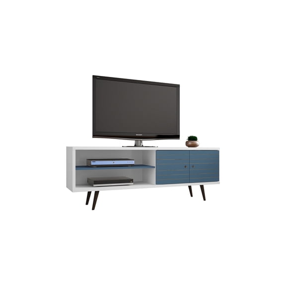 JERFIT 60 inch TV Stand with Storage, Slate Blue and White Media Console with 2 Shelves & Cabinet, for TVs up to 60