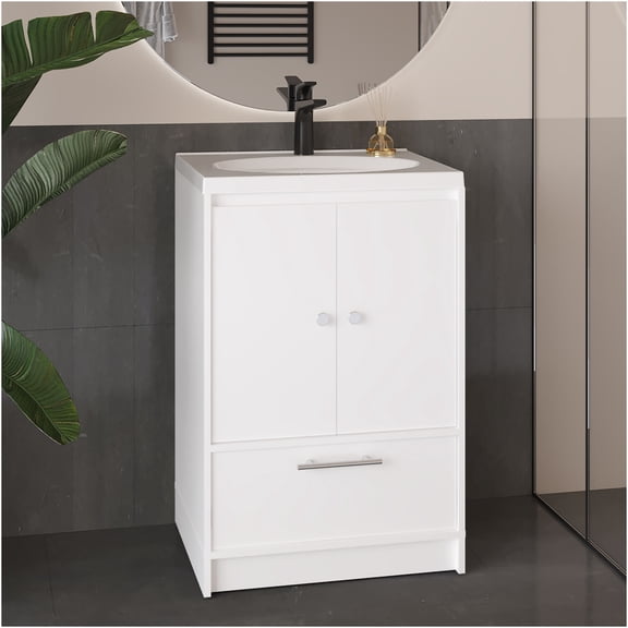 JERFIT 60 inch White Modern Bathroom Vanity with 2 Drawers & 2 Doors, MDF Storage Cabinet