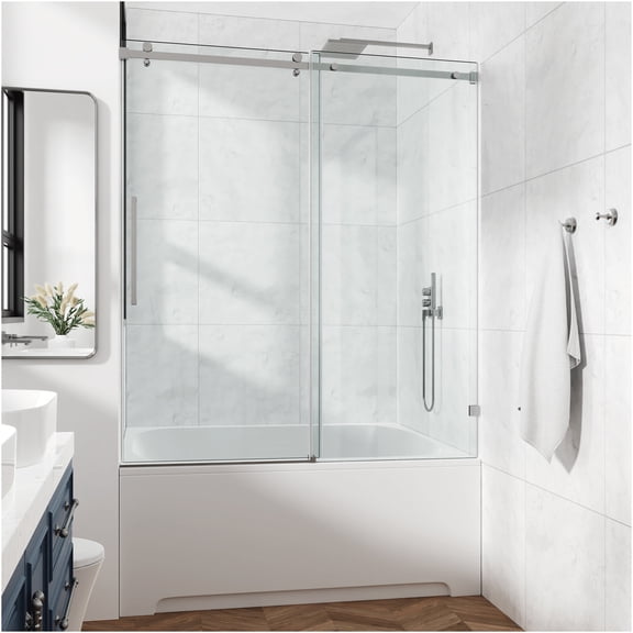 JERFIT 60" x 76" Frameless Sliding Shower Door with Clear Tempered Glass, Brushed Nickel Finish, Leak-Proof Design for Modern Bathroom