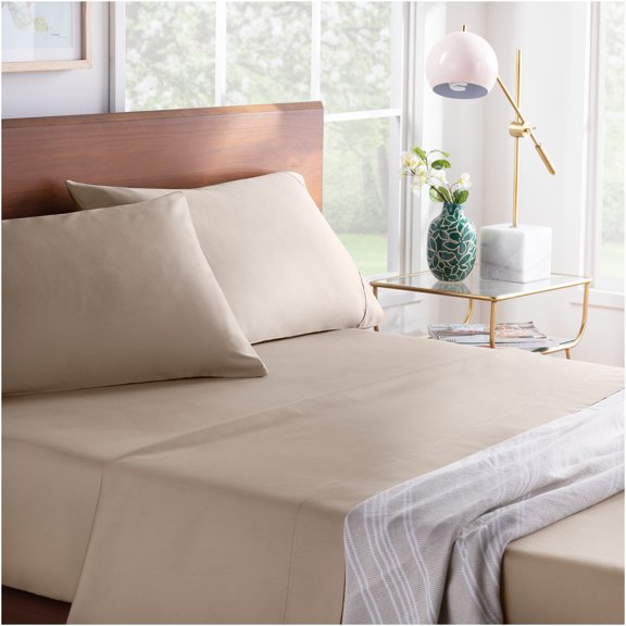 JERFIT 600 Thread Count Cotton Blend Sheet Set - Breathable & Wrinkle Resistant Bed Sheets for Deep Pocket Mattress, Twin Size, Sand Color
