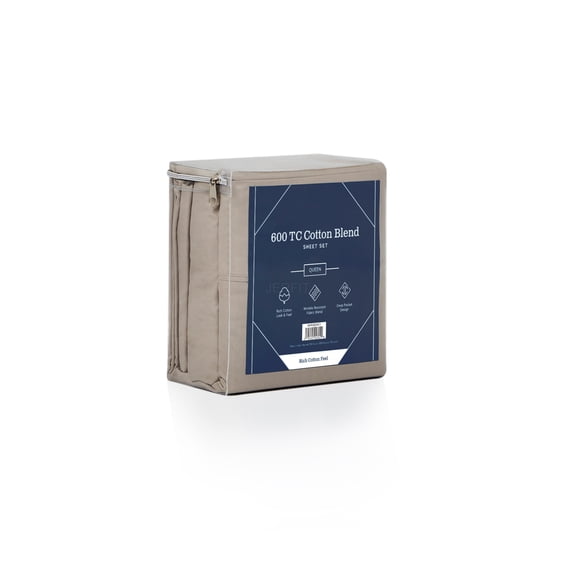 JERFIT 600 Thread Count Cotton Linen Blend Sheet Set, Split California King Size, Deep Pocket, Wrinkle Resistant, Sandstone