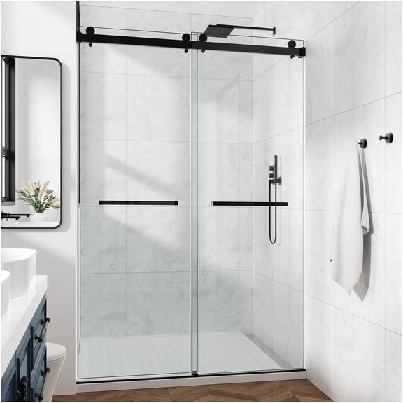 JERFIT 60x66 Inch Black Frameless Sliding Shower Door, 3/8" Tempered Glass with 304 Stainless Steel Hardware, Leak-Proof Bathroom Enclosure