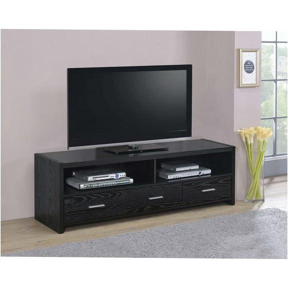 JERFIT 61" Modern Black Oak TV Stand with 3 Drawers, Glass Doors & Media Storage Console for Living Room