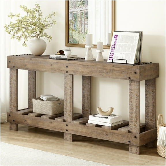 JERFIT 62.9" Solid Wood Console Table with Shelf, Industrial Vintage Entryway Table for Hallway, Farmhouse Sofa Table for Living Room, Natural
