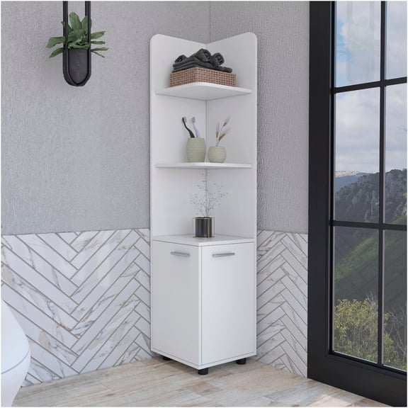 JERFIT 62 Inch Tall White Corner Storage Cabinet with Doors & Shelves, Freestanding Bathroom Organizer with 3 Open Shelves & 2 Door Base for Bathroom, Kitchen, Living Room