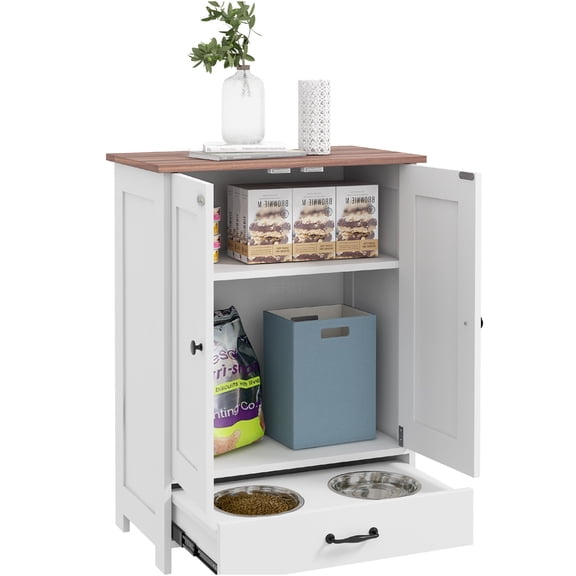 JERFIT 63" Height Adjustable Dog Feeding Station with Food Storage Cabinet, 2 Hidden Bowls, Leash Hooks, White Pet Food Organizer for Medium Dogs