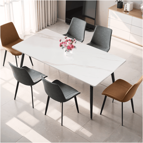 JERFIT 63 Inch Dining Table, Kitchen Table with Sintered Stone Top and Carbon Steel Legs, Modern Gloss White Table for Dining Room, Easy Assembly