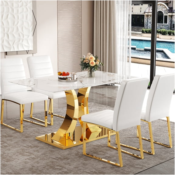 JERFIT 63 Inch Dining Table Set with 4 Chairs, Modern Marble Glass Table and PU Leather Chairs, Gold Accent, Convertible Base, White and Gold Dining Room Furniture