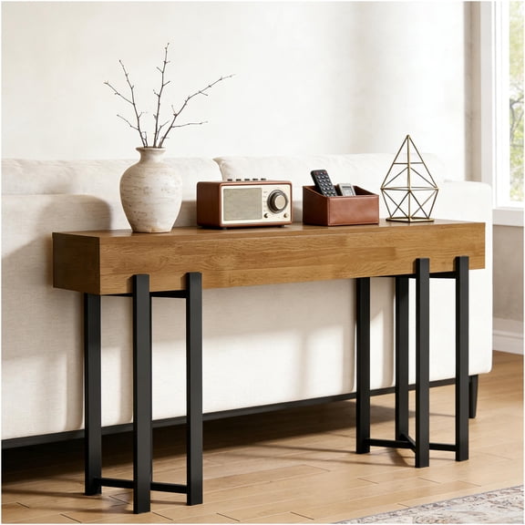 JERFIT 63 Inch Industrial Console Table with Metal Legs, Rustic Brown Sofa Table for Entryway, Hallway, Living Room, Farmhouse Style
