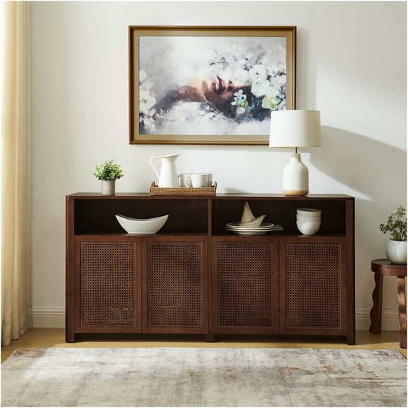 JERFIT 63" Modern Buffet Cabinet with Rattan Doors, Mid Century Credenza for Dining Room & Entryway, Storage TV Stand Console Table, Walnut Finish