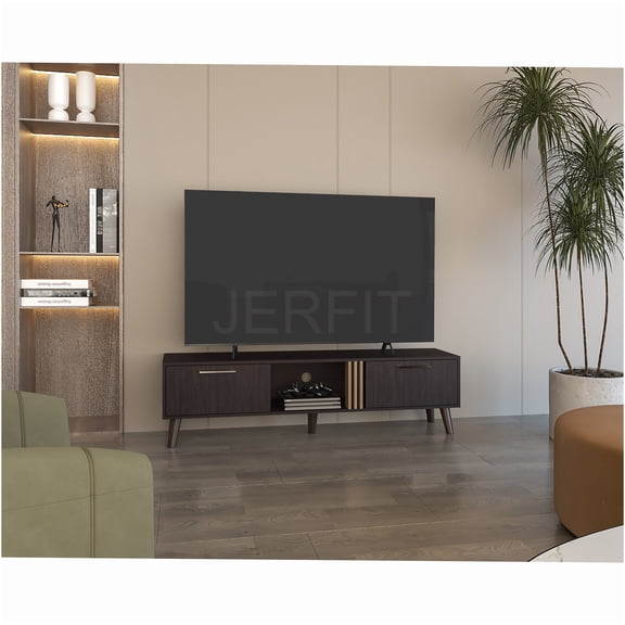 JERFIT 63 inch Modern TV Stand Console Table with Storage Cabinets & Shelves for Living Room, Entertainment Center, Light Oak & Black Finish
