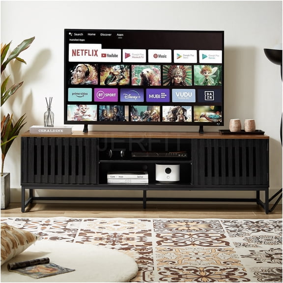 JERFIT 63 inch Modern TV Stand with Slatted Grille Doors, Entertainment Center with 4 Storage Shelves, Media Console for Living Room Bedroom, Black and Brown Finish