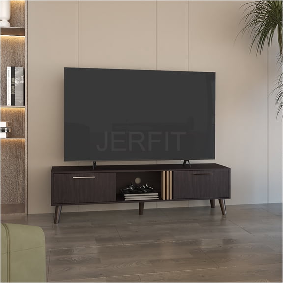 JERFIT 63 inch Modern TV Stand with 2 Cabinets & Shelves, for TVs up to 70 inches, Black Particle Board Media Console