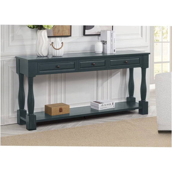 JERFIT 63 inch Navy Console Table with Drawers, Acacia Wood Sofa Table for Entryway & Living Room, Long Hallway Table with Storage Shelf