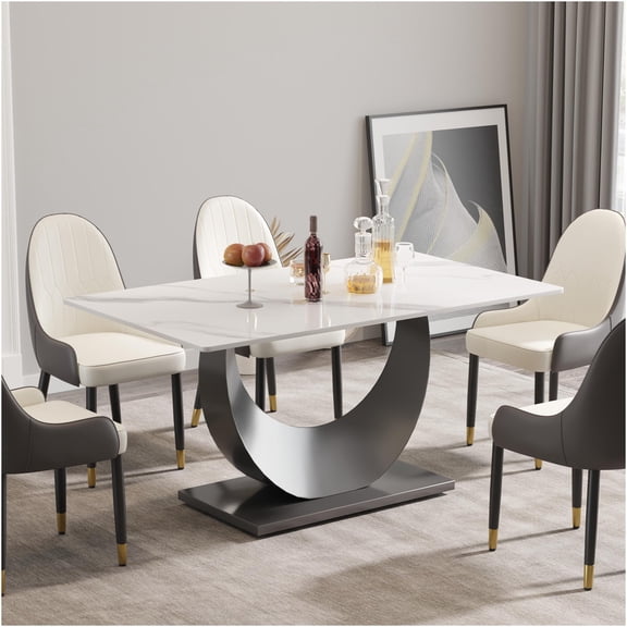 JERFIT 63 inch White Sintered Stone Dining Table for 6-8 People with Crescent Metal Base, Modern Kitchen Table