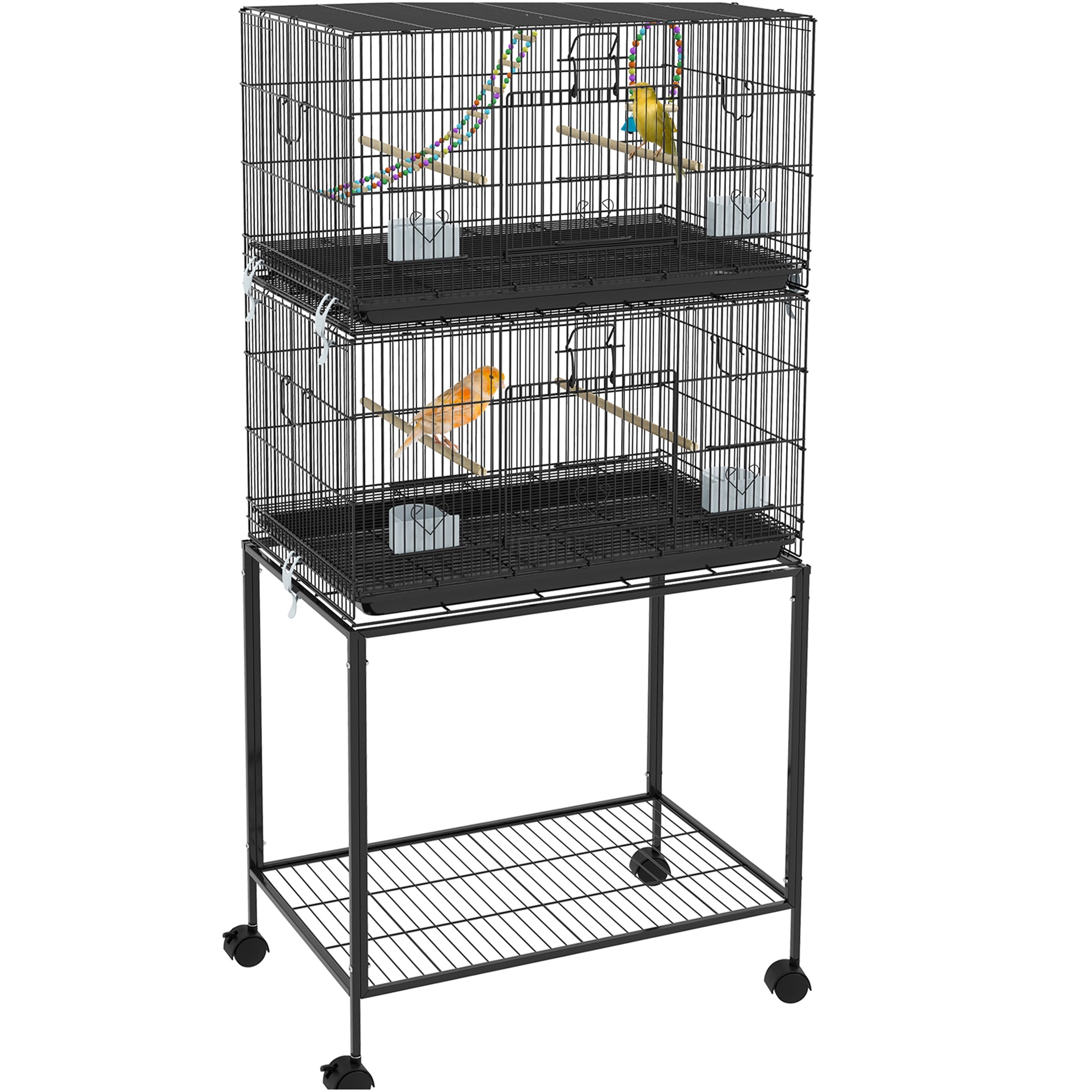 JERFIT 64.5" Double Stack Bird Cage with Stand on Wheels, Black Steel Aviary for Small Birds, Finches, Budgies, Parakeets
