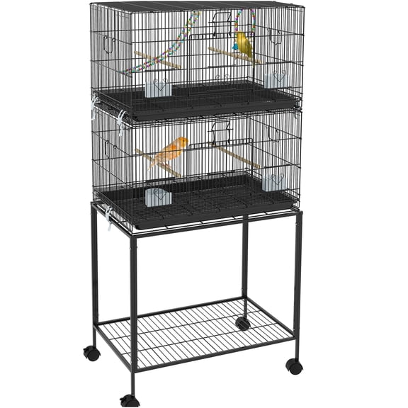 JERFIT 64.5" Double Stack Bird Cage with Stand on Wheels, Black Steel Aviary for Small Birds, Finches, Budgies, Parakeets