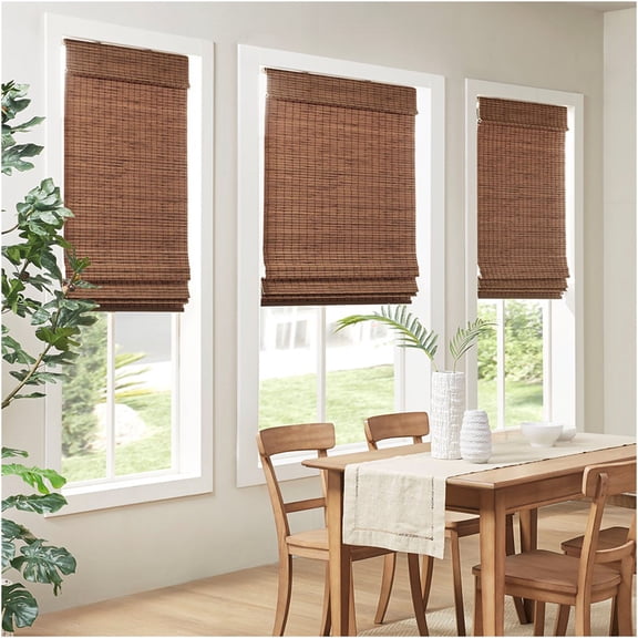 JERFIT 64" Natural Bamboo Roman Shade Cordless Light Filtering Window Shade Teak Wood Blinds for Interior Mount